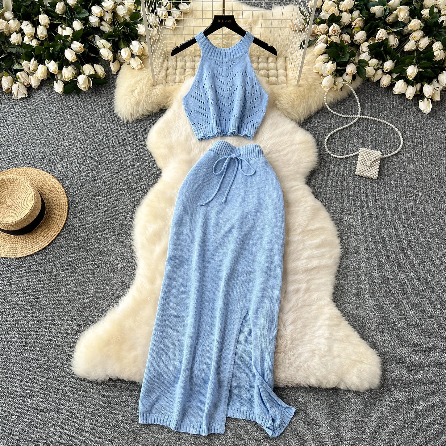 SINGREINY Verão Suave Malha 2 pcs Conjuntos Mulheres Halter Sem Mangas Camis + Bodycon Split Saia Com Cordão Oco Out Ternos De Férias