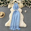 SINGREINY Verão Suave Malha 2 pcs Conjuntos Mulheres Halter Sem Mangas Camis + Bodycon Split Saia Com Cordão Oco Out Ternos De Férias