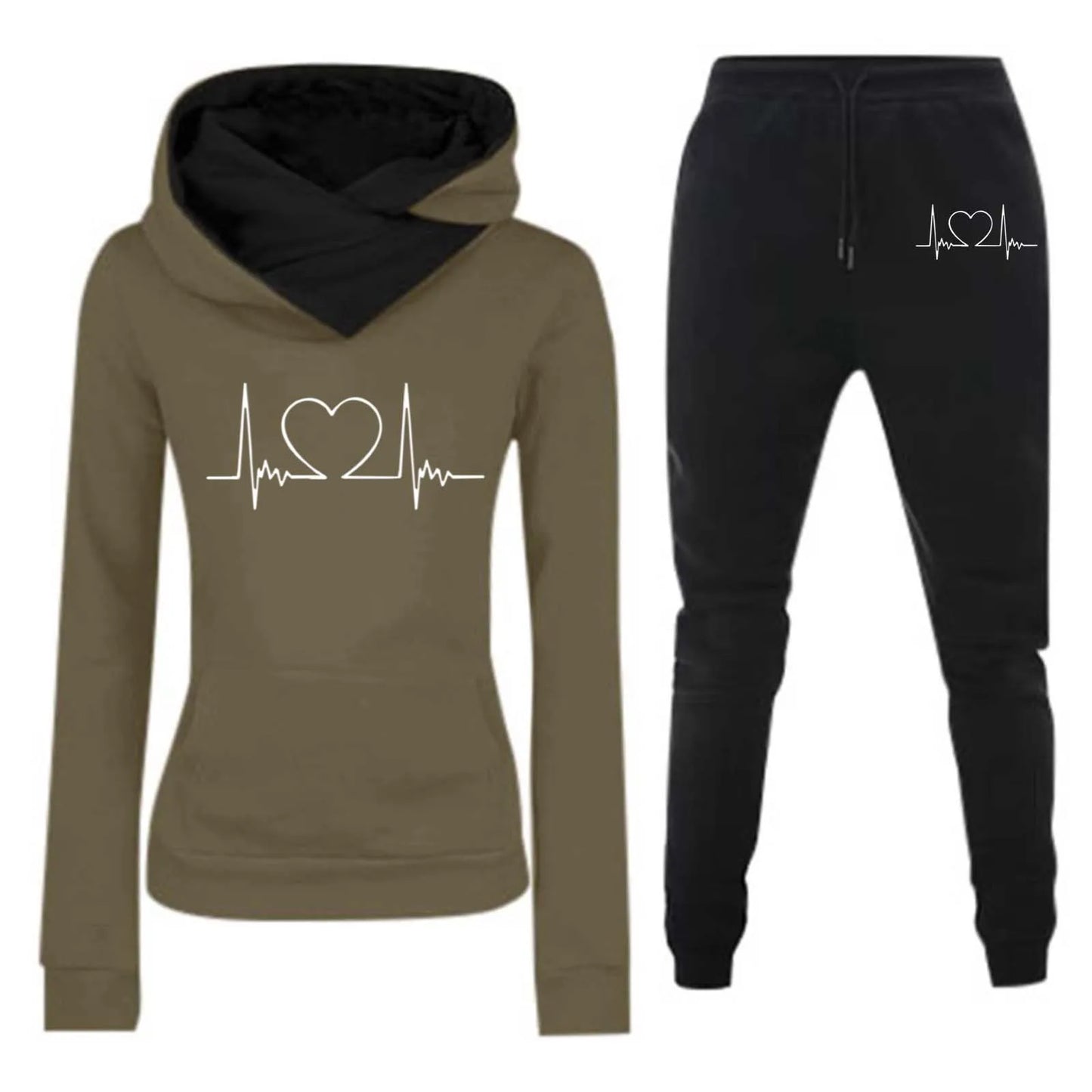 Mulheres Moletom Outono/Inverno Batimentos Cardíacos Frequência Impresso Veludo Moletom com Capuz Conjunto Casual