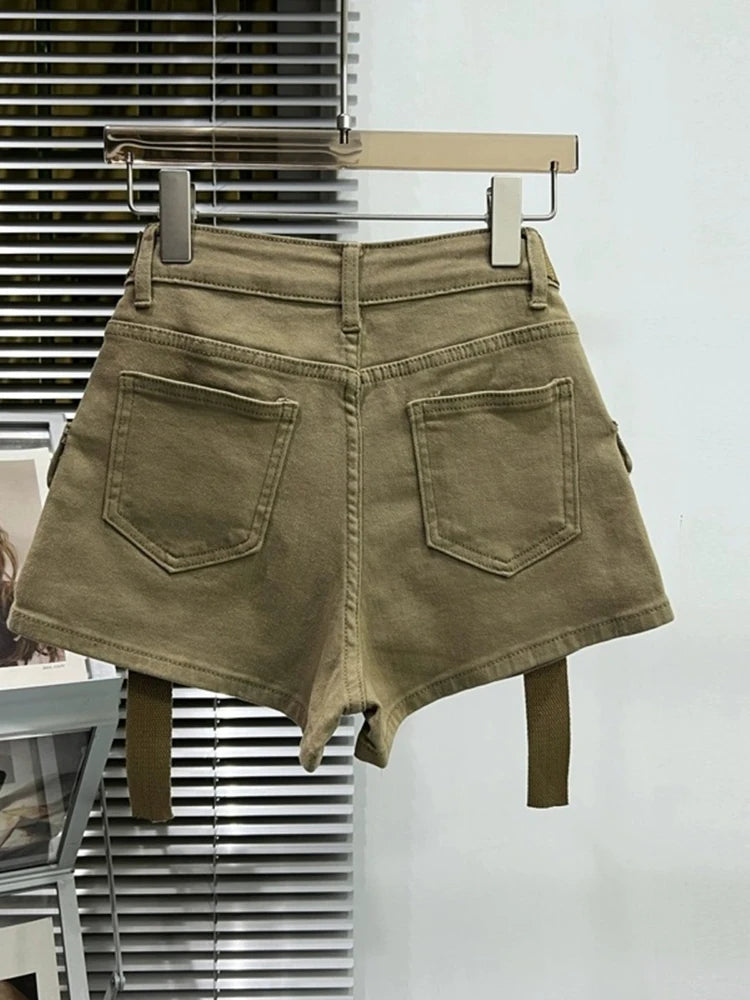 Shorts jeans de bolso grande para mulheres elásticas finas 2024 novas calças cargo curtas de cintura alta primavera/verão para meninas legais calças jeans quentes