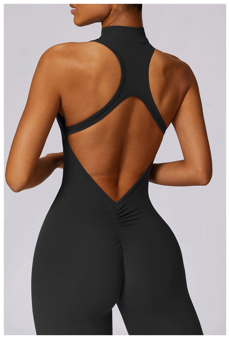 V Voltar Terno De Uma Peça Das Mulheres Macacão Esportivo Zíperes Yoga Macacão Backless Sportswear Mulheres Sleeveles Workout Bodysuits Feminino
