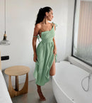 Vestido de cintura alta com suspensório respirável de algodão e linho Verão europeu e americano Novo estilo de férias saia longa para mulheres