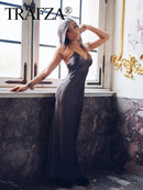 TRAFZA 2024 Mulheres Vestido de Verão Cetim Sem Mangas Sem Encosto Decote Em V Feminino Vestidos Longos Chic Sexy Party Vintage Mulher Vestido de Noite