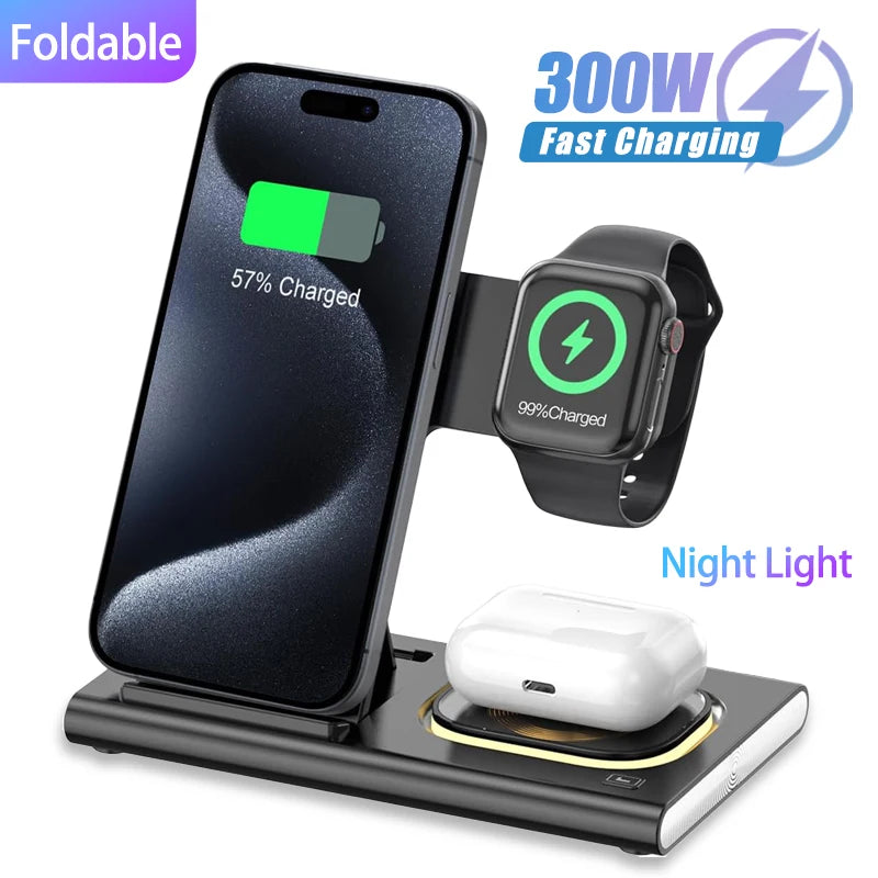 Carregador Sem Fio 3 Em 1 Dobrável 300W com Suporte de Mesa para Carregamento Rápido para iPhone 16 15 14 13, Samsung, Apple Watch e Airpods