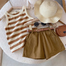 Conjunto Elegante e Casual para Meninas Líder Urso 2023 Verão Fino Listra Infantil Suspender Regata Shorts Conjunto de Duas Peças Roupas
