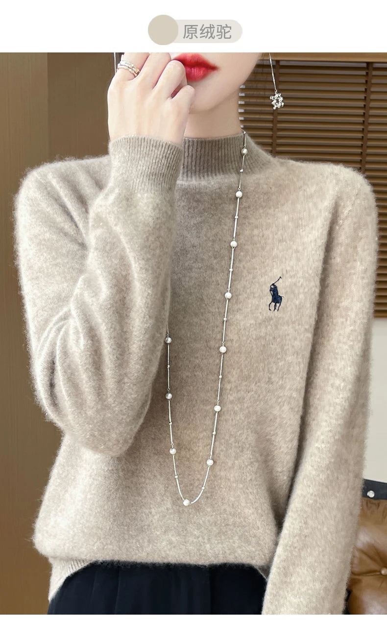 2025 Outono/Inverno Feminino Novo Moletom Com Capuz De Caxemira Elegante Bordado Meio Alto Gola Macia Caxemira Explosiva100% Lã Australiana