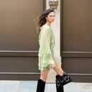 Mulheres elegantes verde irregular babados soltos mini vestido moda o pescoço manga cheia vestidos curtos primavera verão chique vestidos de senhora