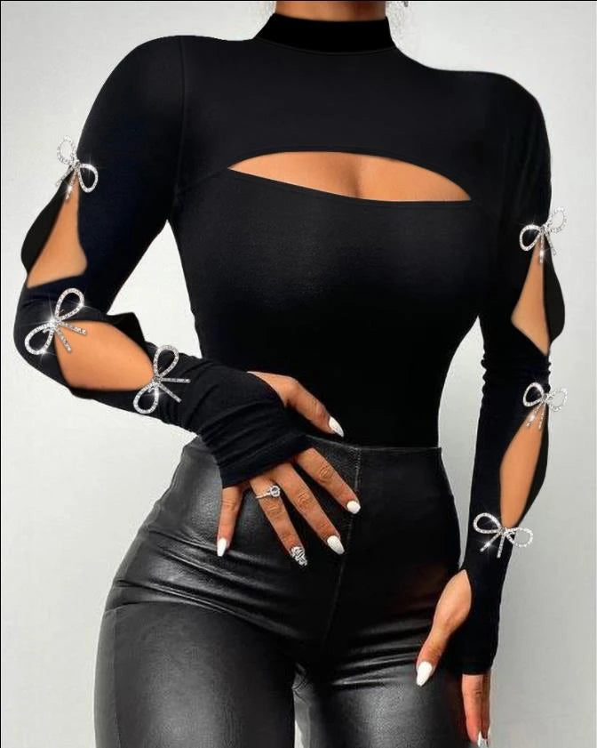 Sexy TeeContrast Lace Cutout Top de manga comprida ew ashion camisa de mulher 2025 outono inverno primavera blusas roupas femininas roupas