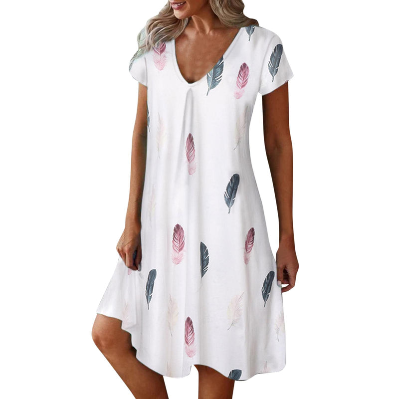 Vestidos com estampa de penas Mulheres Verão 2025 Roupas Manga Curta Decote em V Mini Vestido Elegante Boêmio Moda Vestido de verão Vestidos de praia