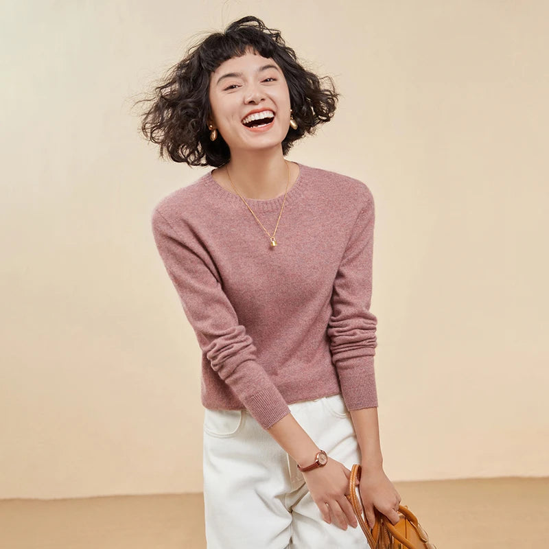 Pulôver feminino outono/inverno 100% puro suéter de caxemira casual suéter de malha gola redonda solto Tops básico versátil Blusa