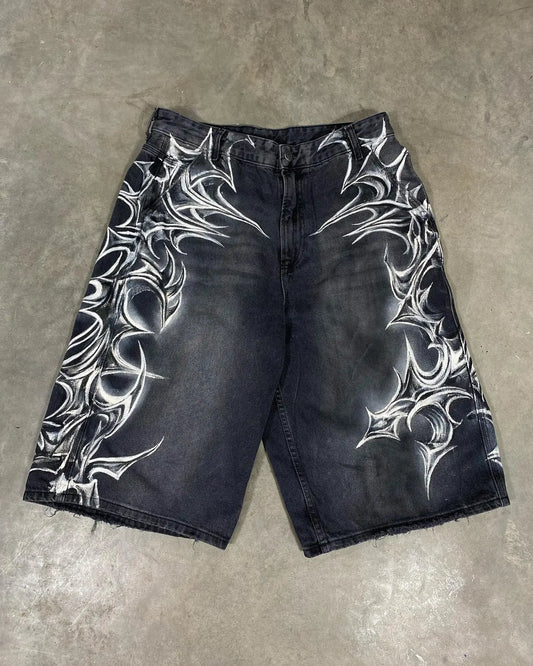 Shorts Jeans com Estampa de Grafite de Geometria Gótica Retro Americana Homens Mulheres Y2k Cintura Baixa Folgada na Altura do Joelho Jorts Curto