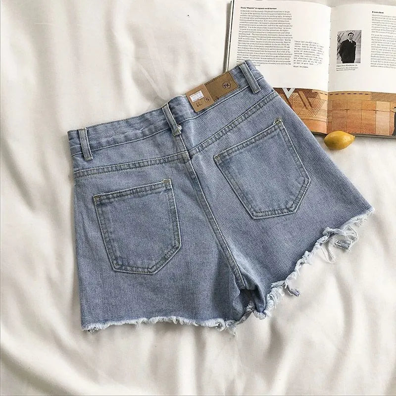 Coreano Shorts Jeans Mulheres Moda Verão Casual Cintura Alta Rasgado Jeans Bolso Borla Y2K Hot Pants Streetwear Calças Azuis