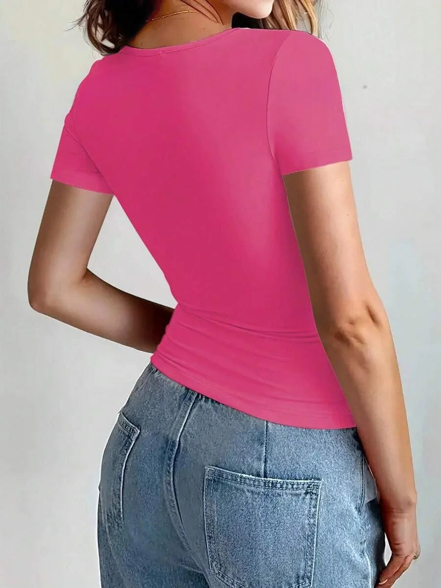 Camisetas Femininas Básicas Decote Redondo Manga Curta Tops Curtos Tops Fofos de Verão Camisetas Slim Fit Y2k Roupas 2024