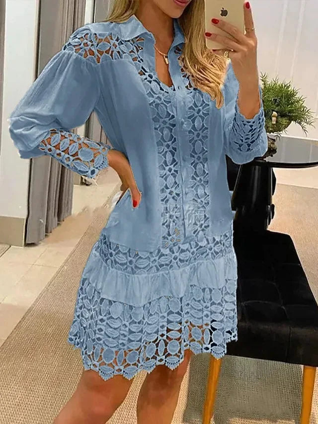Roupas femininas Elegante Cerimônia Produto Lace Patchwork Sexy Casual Camisa Vestido 2024 Fresco e Doce Lanterna Sono Saia Curta