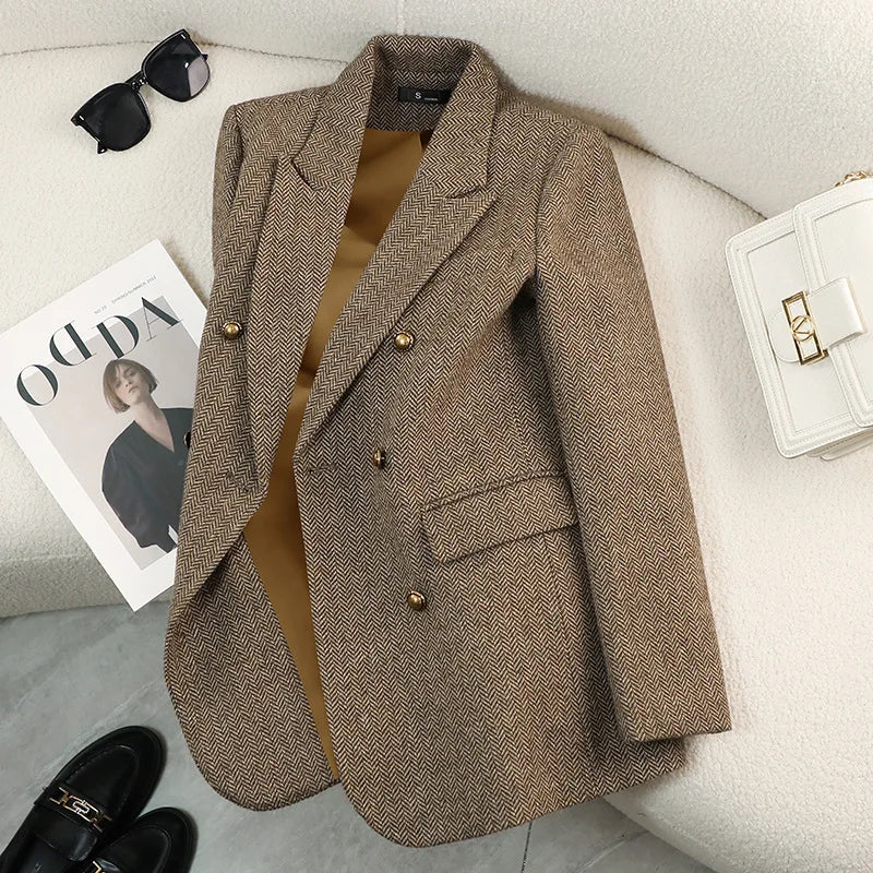 Outono Inverno Novo Blazer Casacos Jaquetas de Lã Feminina Manga Comprida Entalhado Vintage Grosso Outerwears Roupas Femininas Elegantes