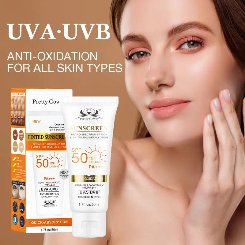 Protetor Solar Tintado FPS 50+ Hidratante Proteção UV para Rosto e Corpo Bloqueador Solar Leve Antienvelhecimento À Prova D'Água Clareador Uso Diário