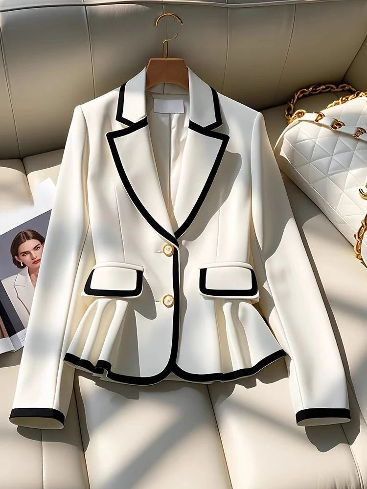 Blazers Elegantes Franceses Gola Entalhada Manga Comprida Babados Contraste Cor Casacos Primavera Outono Feminino Slim Design Roupas Femininas