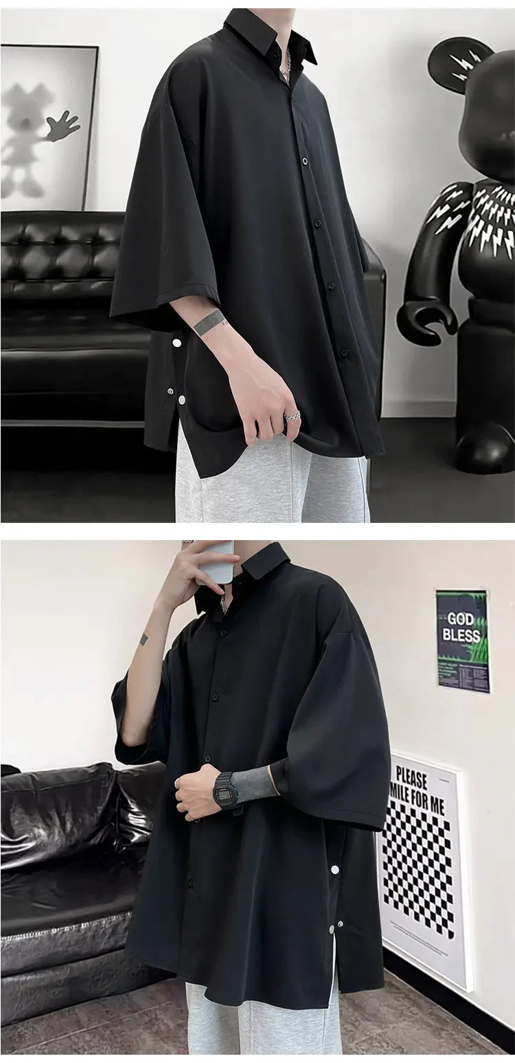 Camisa de manga curta de verão para homens de grandes dimensões preto branco camisa streetwear coreano solto camisas de seda de gelo dos homens camisa casual m-3xl