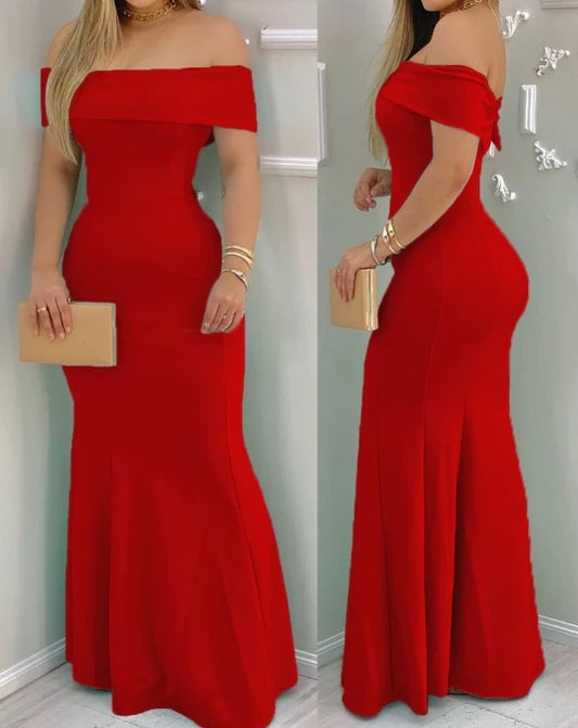 Mulheres Vestido de Noite 2024 Primavera/Verão Mais Recente Inteligente Côr Sólida Vermelho Temperação Um Ombro Festa Apertado Saia Longa