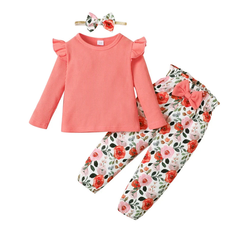 1-5 anos Kids Girl Conjunto de roupas de manga comprida Camisa com nervuras de cor sólida + calças florais + faixa de cabeça Outono 3PCS Outfit para menina da criança