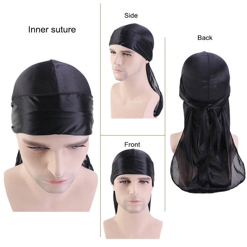 2 pcs Durags de cetim de seda para homens Designer Long Tail Beanies Doo Rags Caps Du-rags para mulheres Gravata de cetim de seda Do Rags Cap para ondas
