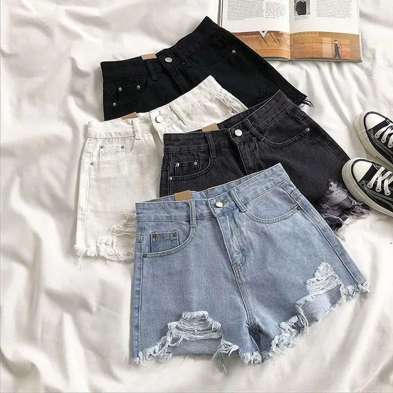 Coreano Shorts Jeans Mulheres Moda Verão Casual Cintura Alta Rasgado Jeans Bolso Borla Y2K Hot Pants Streetwear Calças Azuis