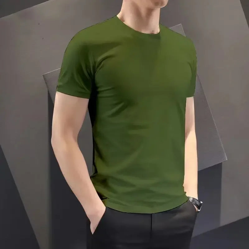 Camiseta masculina de verão estilo coreano Slim Fit de manga curta 140g blusa de poliéster suaviza sua silhueta Cor sólida Camada de base Top