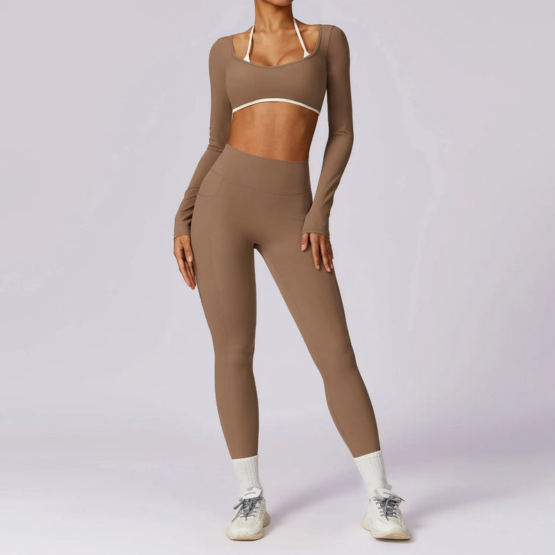 2 Peças Mulheres Treino Conjunto de Ioga Treino Sportswear Roupas de Ginástica Fitness Manga Comprida Crop Top Leggings de Cintura Alta Ternos Esportivos