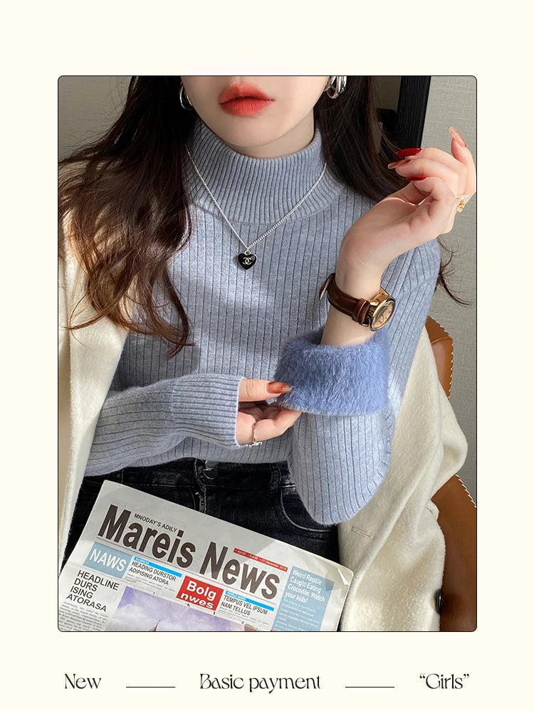 Suéter de gola alta feminino inverno 2025 vermelho retrô com forro de veludo engrossado desgaste interno tricô térmico camisa de assentamento