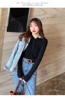 Suéter de malha feminina com decote em O Botão Pulôveres Primavera Outono Suéteres Básicos para Feminino Pulôver Slim Sólido Negrito Listradas Tops