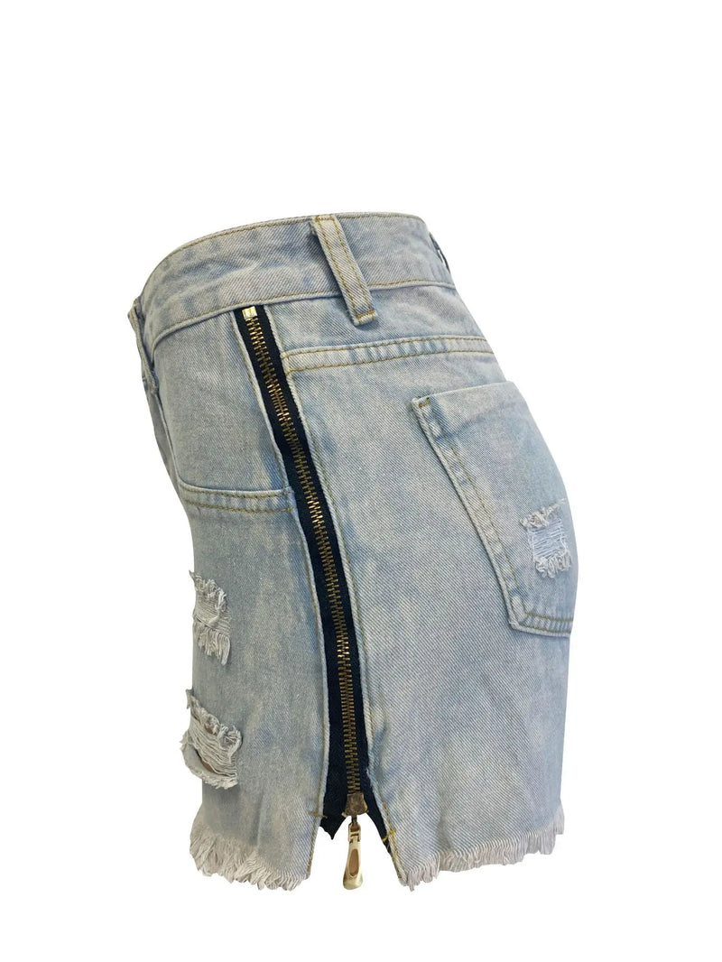 Denim Rasgado Shorts Mulheres Buraco Jeans Duplo Lado Dividido Zíper Sexy Slim Fit Angustiado Calças Curtas Cintura Alta Streetwear 2025