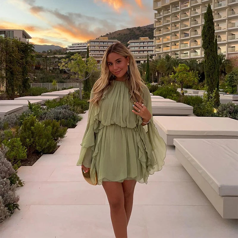 Mulheres elegantes verde irregular babados soltos mini vestido moda o pescoço manga cheia vestidos curtos primavera verão chique vestidos de senhora
