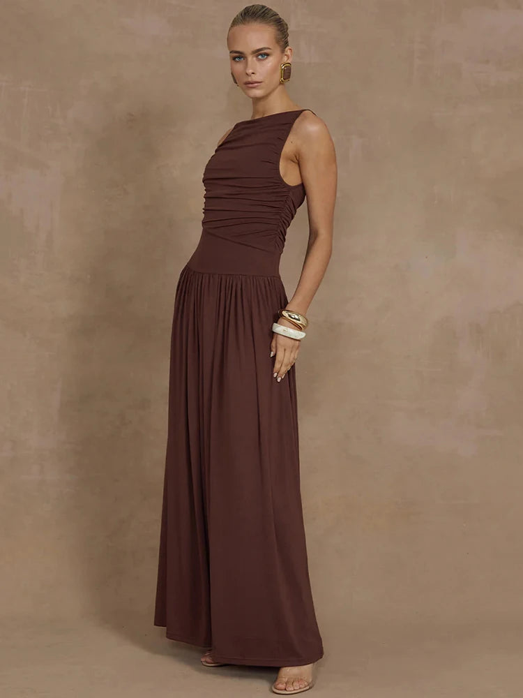 Mozision Elegante Sem Mangas Maxi Vestido Para As Mulheres Moda Sólida Barco Pescoço Tanque Vestidos Senhoras Sexy Ruched Vestido Longo Novo Vestido