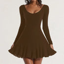 Vestidos femininos Mia Muse para todas as estações Namoro francês Cor sólida Bainha de alface Manga comprida Decote redondo Mini vestido de festa com babados