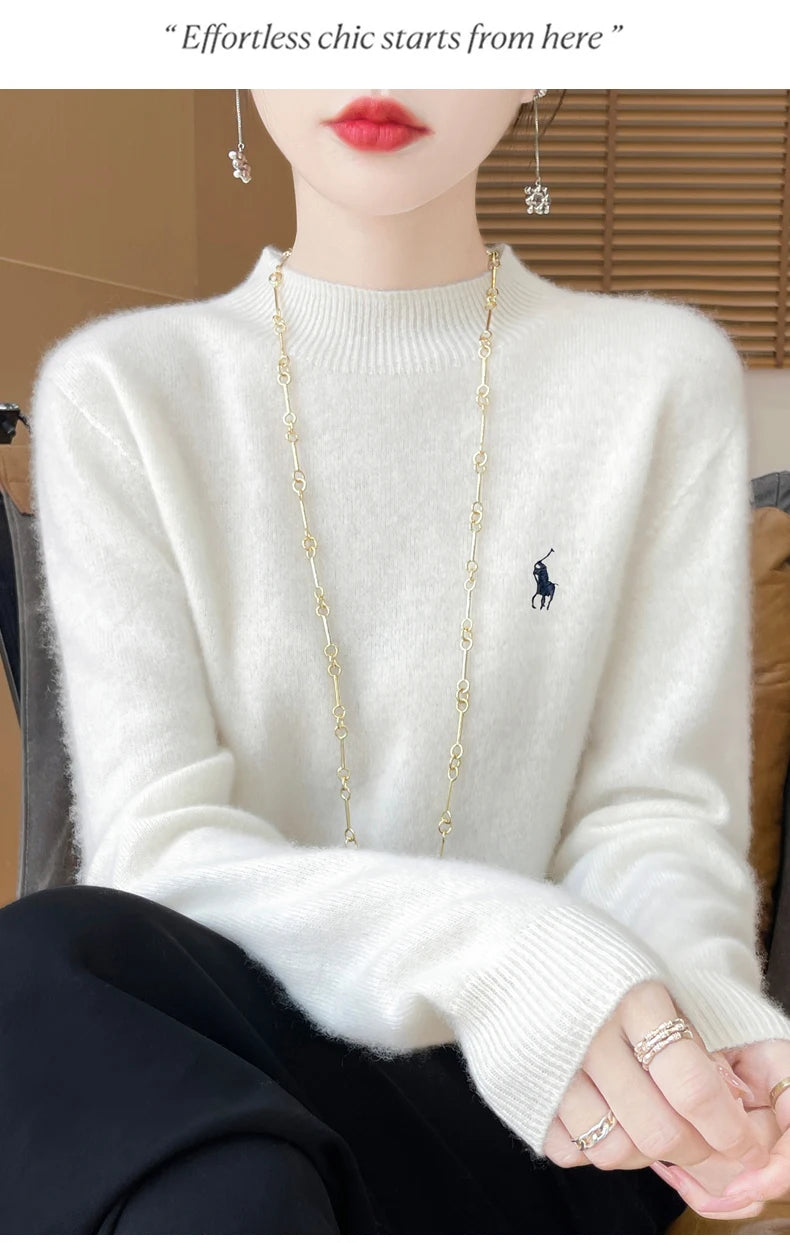 2025 Outono/Inverno Feminino Novo Moletom Com Capuz De Caxemira Elegante Bordado Meio Alto Gola Macia Caxemira Explosiva100% Lã Australiana