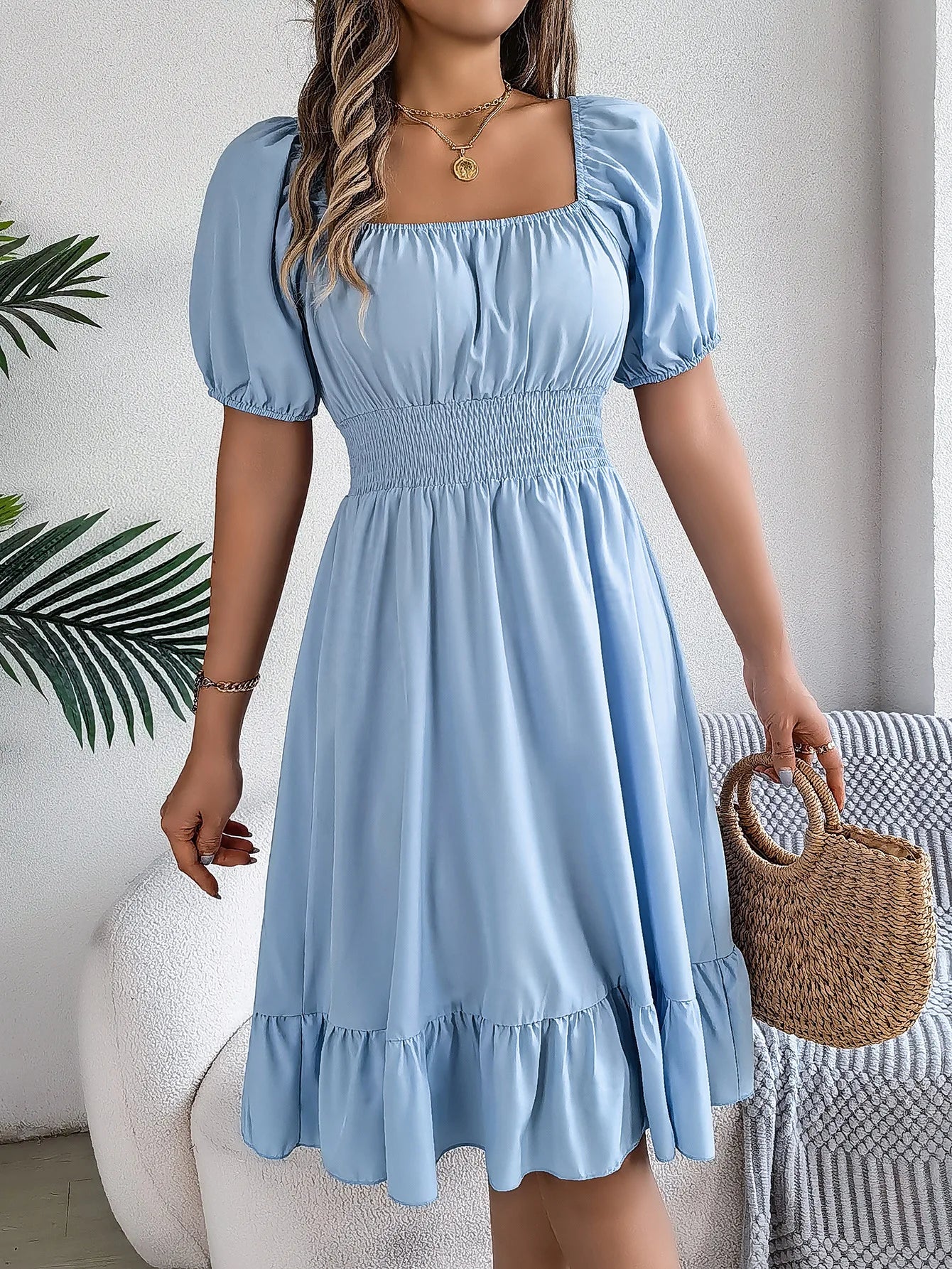 Mulheres Vestidos Pequenos 2024 Verão Casual Decote Quadrado Manga Curta Cintura Vestido de Borda com Babado Mulheres Elegante