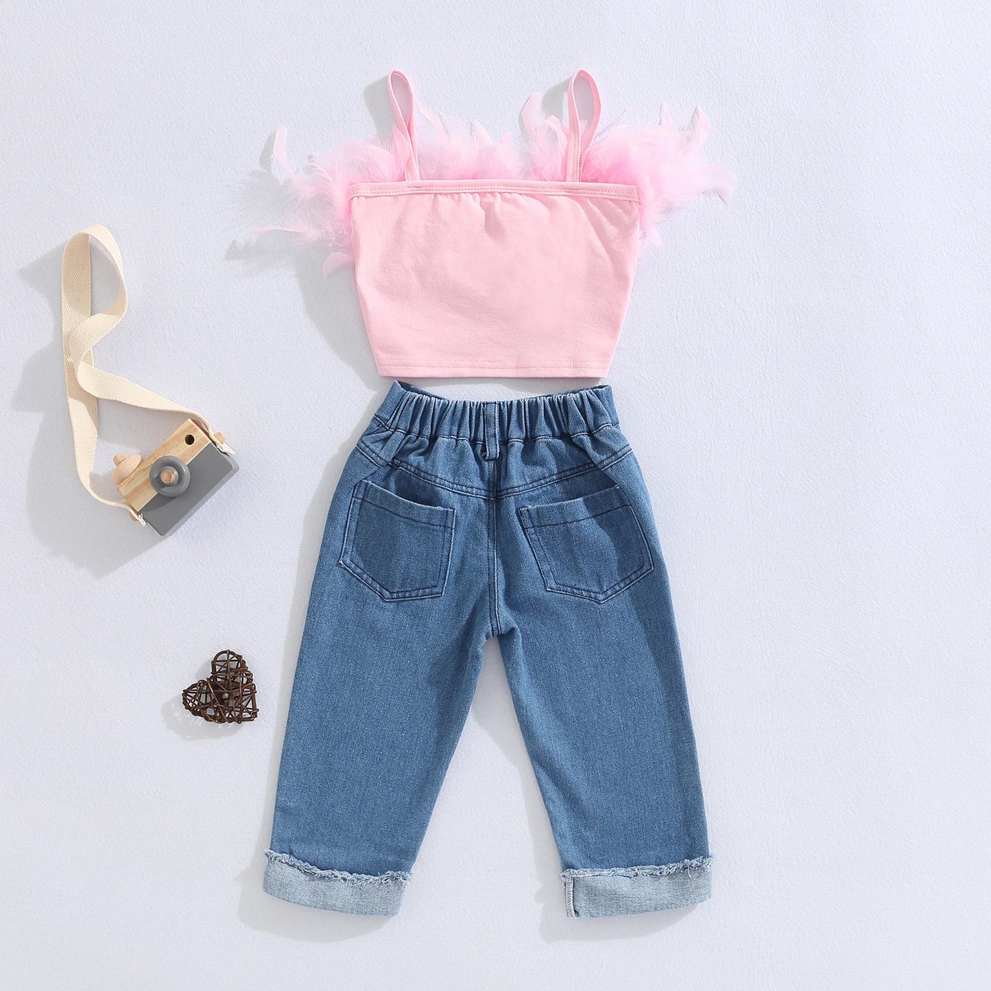 Conjuntos de roupas de verão para meninas Moda Kid Crianças Rosa Sem Mangas Camisola de Penas + Calças Jeans com Bolsos