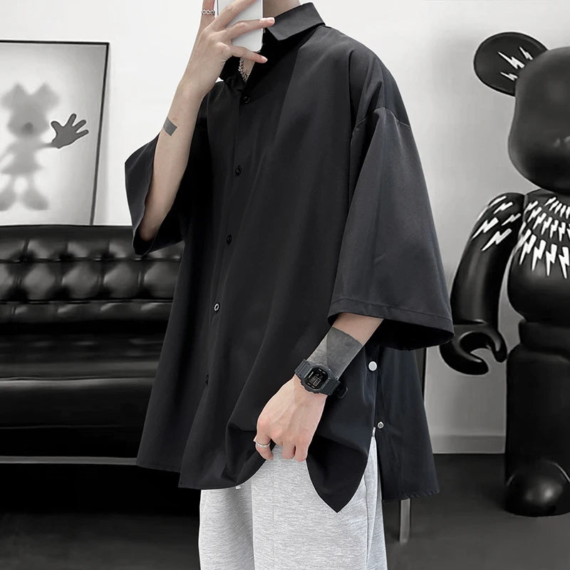 Camisa de manga curta de verão para homens de grandes dimensões preto branco camisa streetwear coreano solto camisas de seda de gelo dos homens camisa casual m-3xl