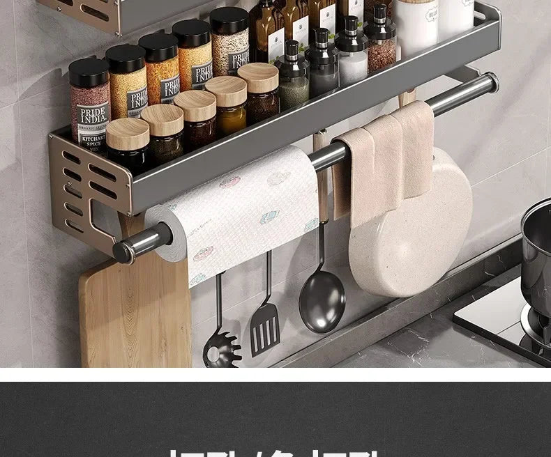 Elegante rack de condimentos de cozinha montado na parede com caixa de armazenamento Suporte multifuncional para utensílios domésticos com dispensador de vinagre de óleo