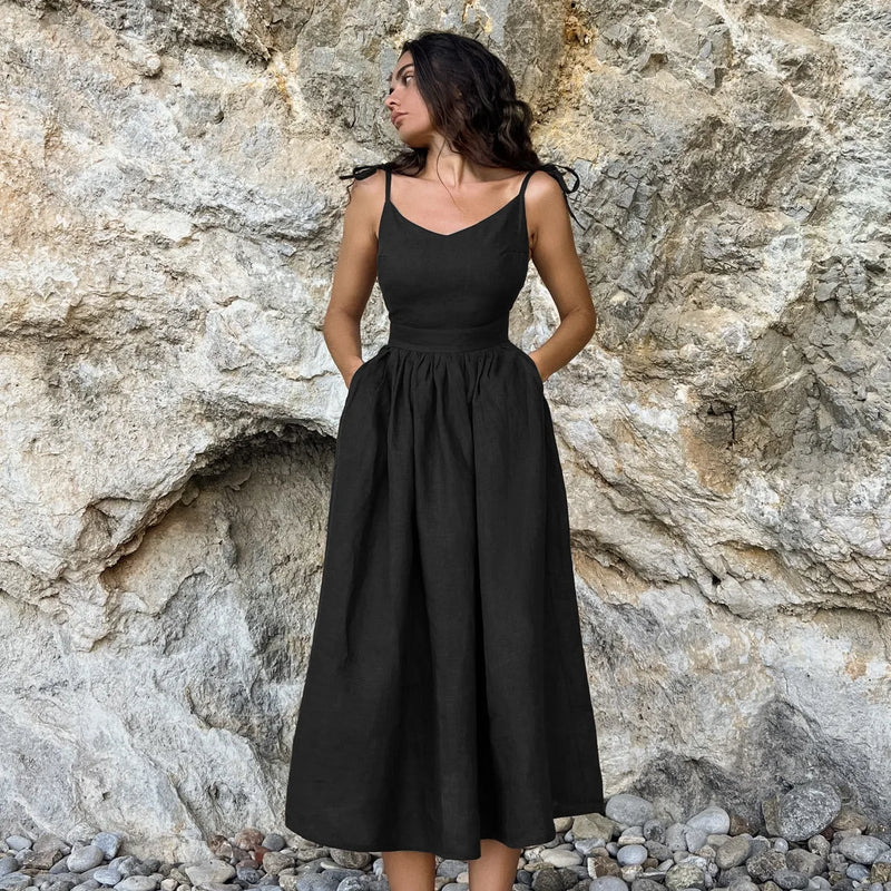 Vestido de cintura alta com suspensório respirável de algodão e linho Verão europeu e americano Novo estilo de férias saia longa para mulheres