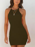 Sexy Rib Stripe Backless Sem Mangas Bodycon Vestido Mulheres Cor Sólida Magro Elegante Halter Vestido Club Party Vestidos