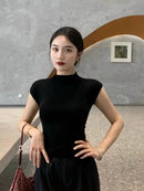 100% Tencel gola alta Francês manga curta feminina 2025 nova pequena mosca manga T-shirt slim fit e emagrecimento, internet famosa base