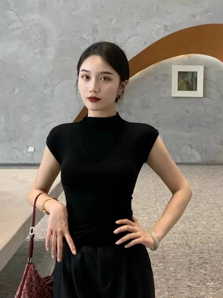 100% Tencel gola alta Francês manga curta feminina 2025 nova pequena mosca manga T-shirt slim fit e emagrecimento, internet famosa base