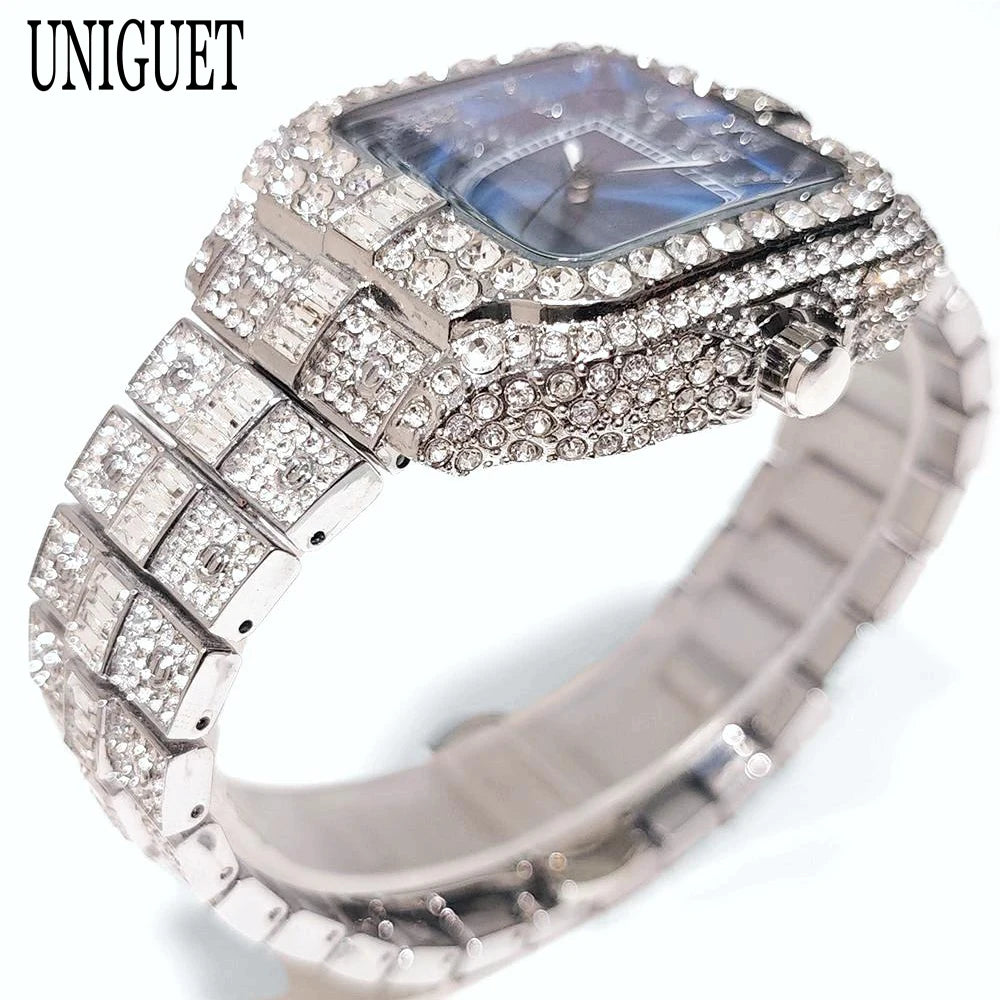 UNIGUET Relógio de Quartzo Azul Para Homens Moda Praça Iced Out Relógio Homem Hip Hop Diamante Jóias Relógio de Pulso Rock Boy Reloj Hombre