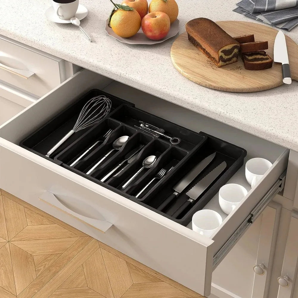 Organizador de talheres de plástico ajustável Colheres Garfos Facas Porta-talheres Bandeja de utensílios expansível Utensílios de cozinha para garfos