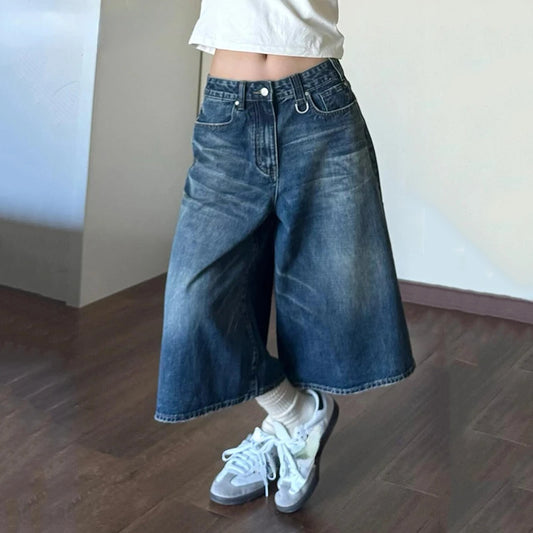 2024 Vintage Wash Whiskers Denim Shorts Mulheres Cintura Baixa Desgastado Desfiado Perna Larga Jeans Baggy Jorts Roupas Casuais de Verão