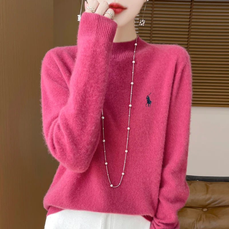 2025 Outono/Inverno Feminino Novo Moletom Com Capuz De Caxemira Elegante Bordado Meio Alto Gola Macia Caxemira Explosiva100% Lã Australiana