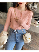 Suéter de malha feminina com decote em O Botão Pulôveres Primavera Outono Suéteres Básicos para Feminino Pulôver Slim Sólido Negrito Listradas Tops