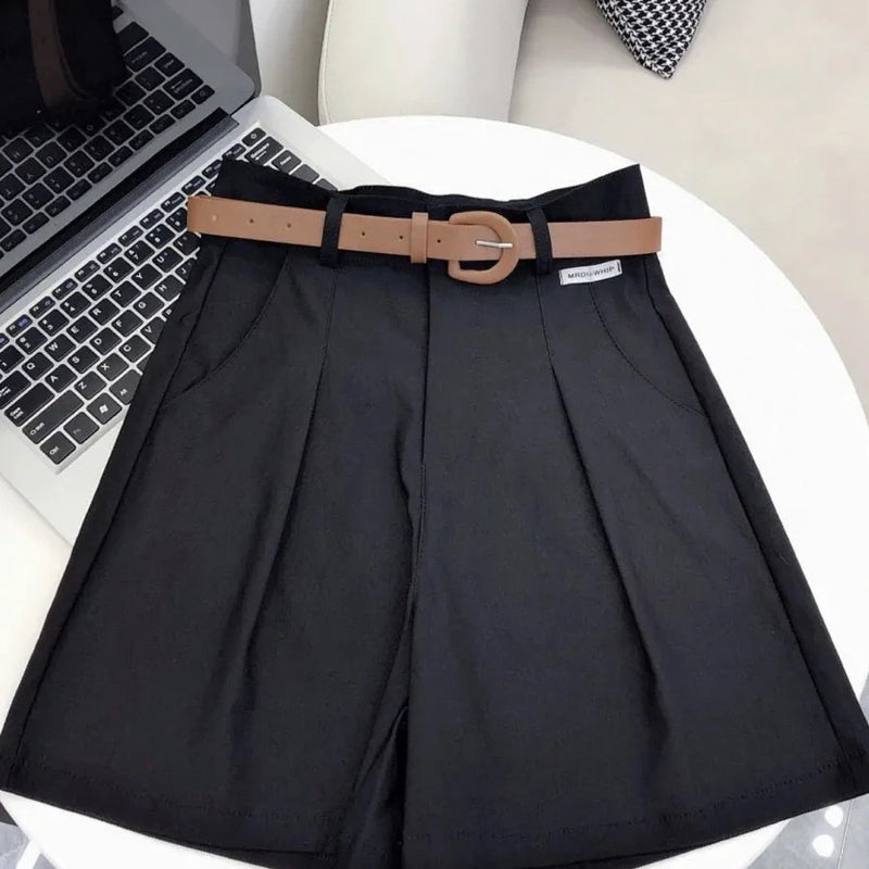 2024 Shorts de perna larga de verão para mulheres cintura alta casual algodão jeans calças curtas com cinto Shorts femininos coreanos da linha A da menina