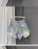 2025 Novas Mulheres Cintura Alta Buracos de cor clara Projetado Shorts Jeans Femininos em forma de A Jeans rasgados s-xl rosa azul